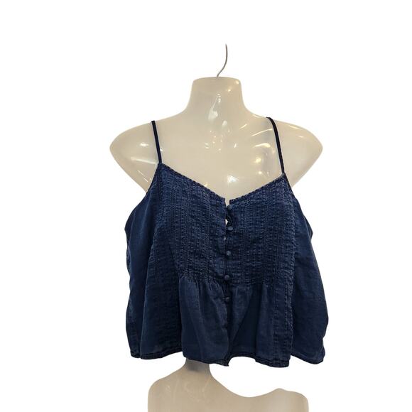 American Eagle Pintuck Sleeveless Boho Button Up Tank Top Navy Blue Medium - Picture 1 of 12